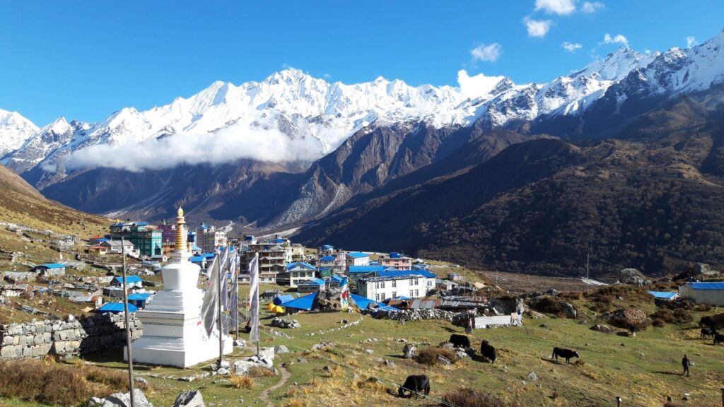 Himalayan village with snow-capped mountains in the background along the Everest Three Passes Trek in Nepal.