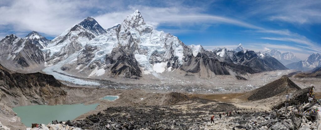 Everest Region panoramic view with Himalayan mountains, glacier and trekking trail